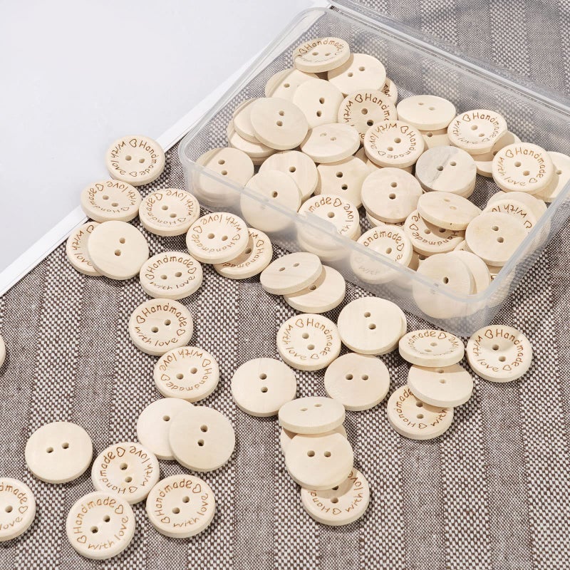 NUOMI 100Pcs Cute Wooden Craft Buttons 2 Holes 'Handmade with Love' Tags Labels for Sewing Clothing Accessories, DIY Crafting Projects Decorations 20mm - Image 2